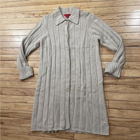 BURNS Wool Knit Duster Sweater Dress Womens 1X Vintage Tan Beige Long Cardigan - Picture 3 of 15